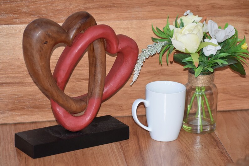 Heart Love Wood Carving Wood Sculpture Acacia Wooden Statue Heart in red 22cm V277-LAYA_THAILAND_HAERT_RED_40599