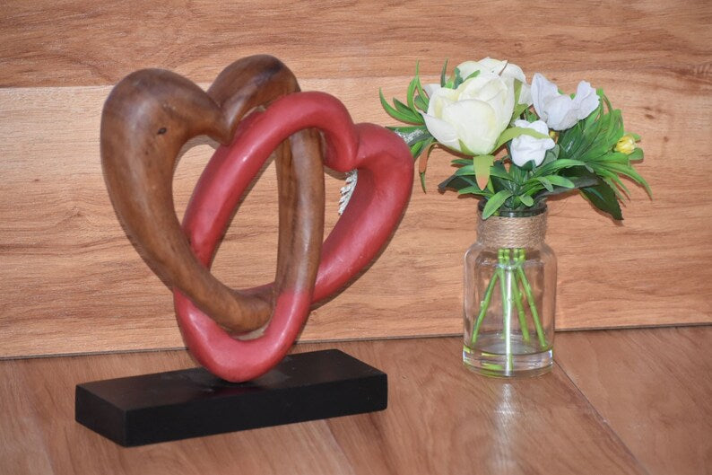 Heart Love Wood Carving Wood Sculpture Acacia Wooden Statue Heart in red 22cm V277-LAYA_THAILAND_HAERT_RED_40599