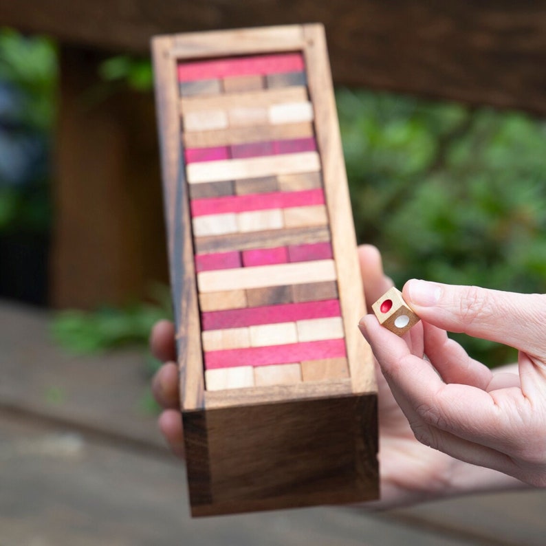 Stacking tumbling blocks wood Red colours balance game with dice play options handmade stacking Fun Board V277-STBWRCBG