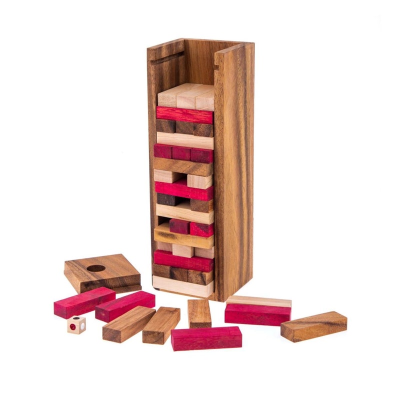 Stacking tumbling blocks wood Red colours balance game with dice play options handmade stacking Fun Board V277-STBWRCBG