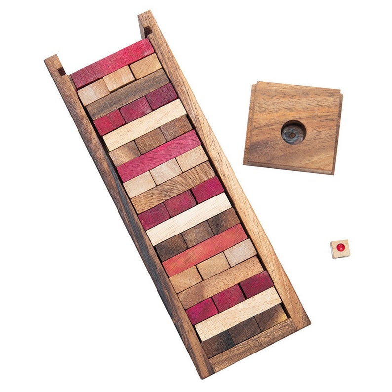 Stacking tumbling blocks wood Red colours balance game with dice play options handmade stacking Fun Board V277-STBWRCBG