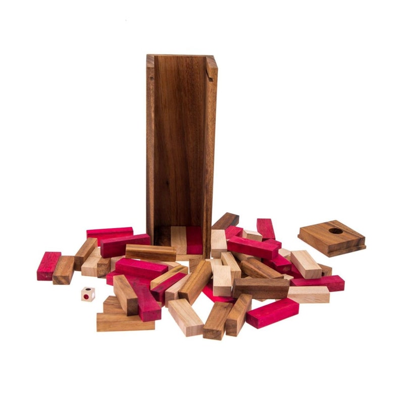 Stacking tumbling blocks wood Red colours balance game with dice play options handmade stacking Fun Board V277-STBWRCBG