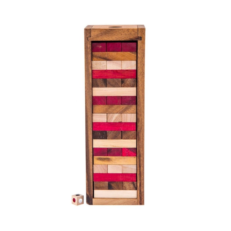 Stacking tumbling blocks wood Red colours balance game with dice play options handmade stacking Fun Board V277-STBWRCBG