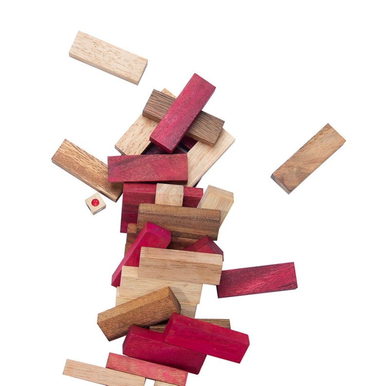 Stacking tumbling blocks wood Red colours balance game with dice play options handmade stacking Fun Board V277-STBWRCBG