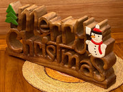 Wooden carved Merry Christmas decoration 38 cm long with Tree and Star V277-WCMCD