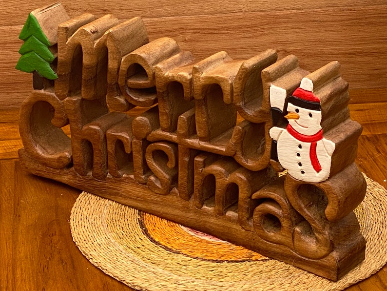 Wooden carved Merry Christmas decoration 38 cm long with Tree and Star V277-WCMCD