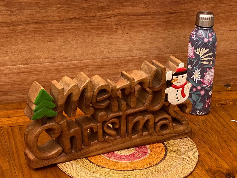 Wooden carved Merry Christmas decoration 38 cm long with Tree and Star V277-WCMCD