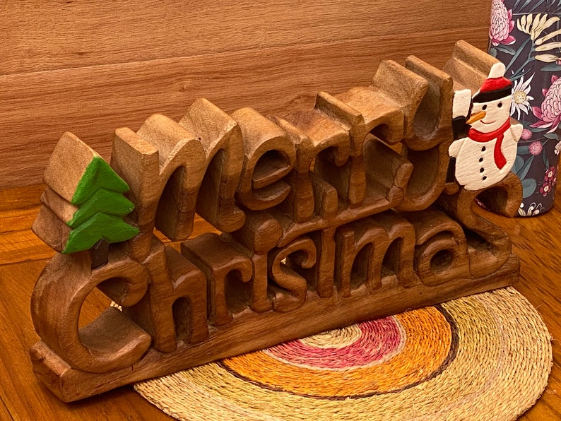 Wooden carved Merry Christmas decoration 38 cm long with Tree and Star V277-WCMCD