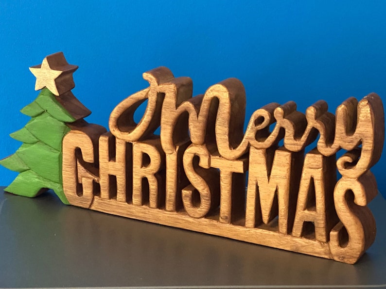 Wooden carved Merry Christmas decoration 38 cm long with Tree and Star V277-WCMCD38
