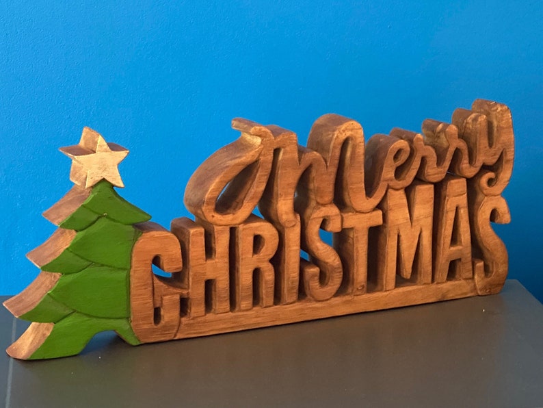 Wooden carved Merry Christmas decoration 38 cm long with Tree and Star V277-WCMCD38