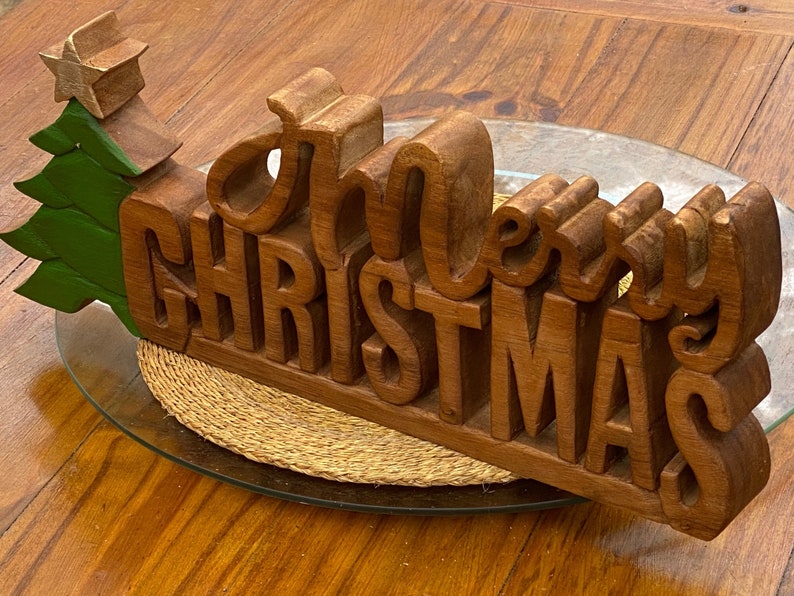 Wooden carved Merry Christmas decoration 38 cm long with Tree and Star V277-WCMCD38