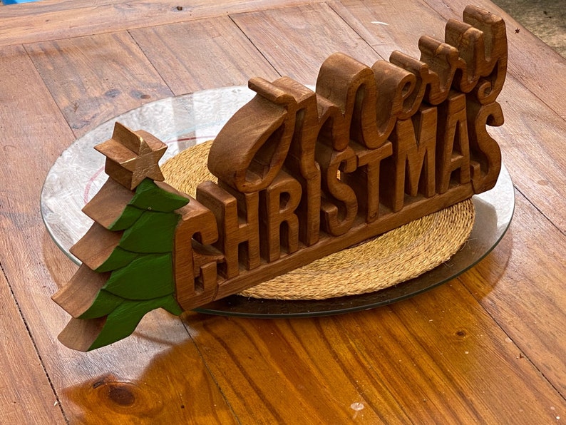 Wooden carved Merry Christmas decoration 38 cm long with Tree and Star V277-WCMCD38