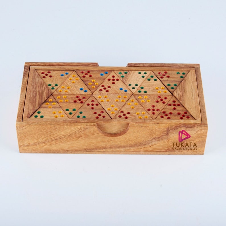 Wooden Domino Game Set Triangle shaped Handmade Dominoes in Gift box V277-WDGSTSHD