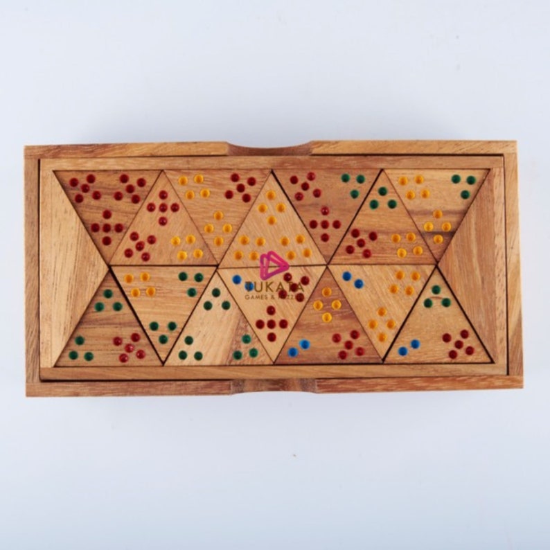 Wooden Domino Game Set Triangle shaped Handmade Dominoes in Gift box V277-WDGSTSHD