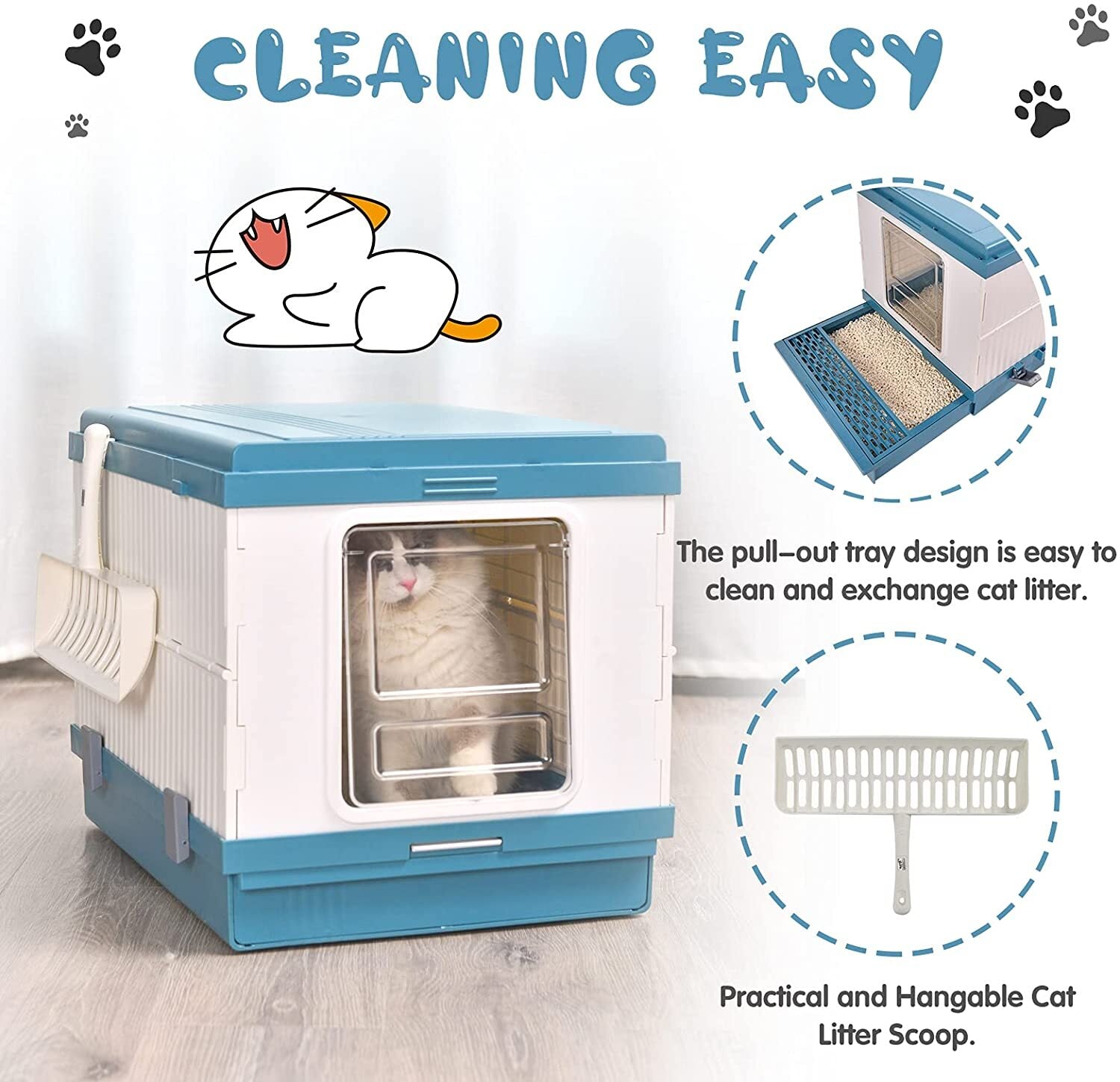 YES4PETS XL Portable Cat Toilet Litter Box Tray Foldable House with Handle and Scoop Blue V278-AT1001-LITTER-TRAY-BLUE