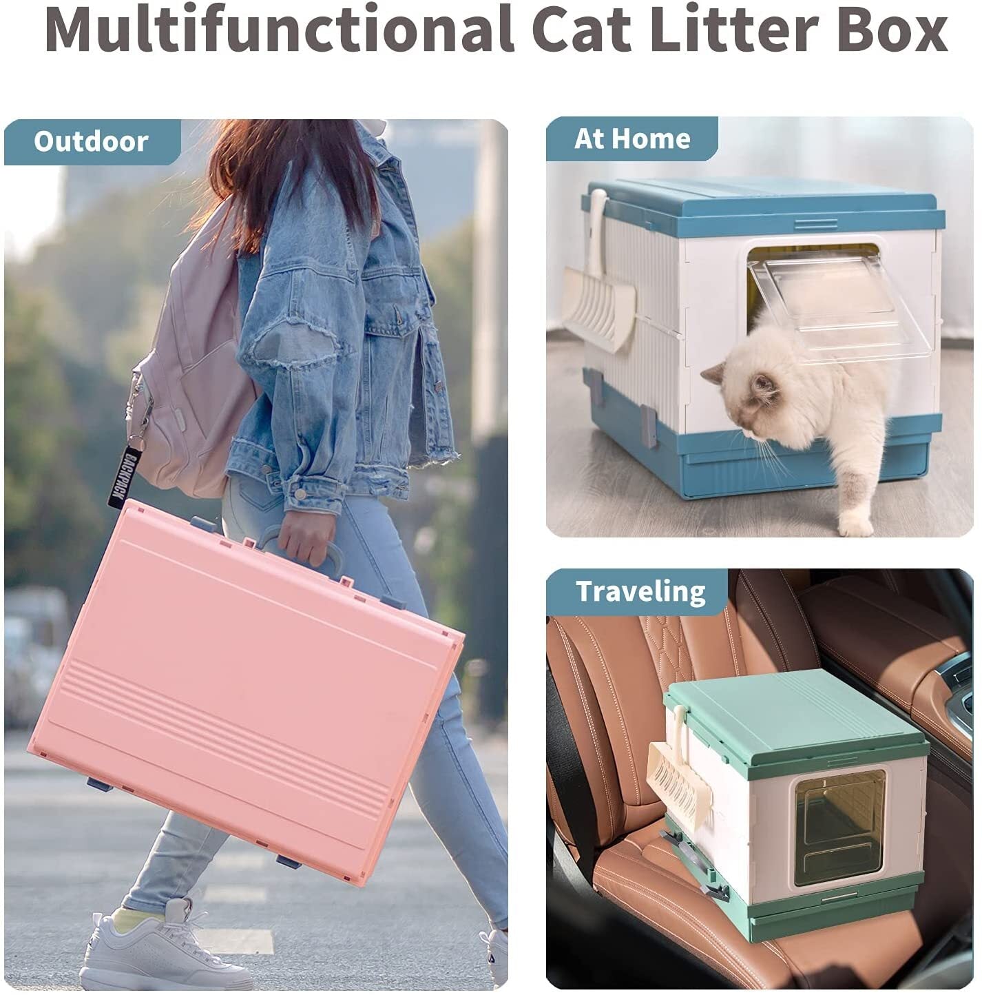 YES4PETS XL Portable Cat Toilet Litter Box Tray Foldable House with Handle and Scoop Blue V278-AT1001-LITTER-TRAY-BLUE