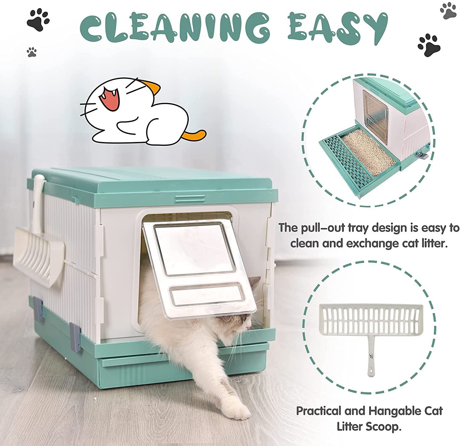YES4PETS XL Portable Cat Toilet Litter Box Tray Foldable House with Handle and Scoop Green V278-AT1001-LITTER-TRAY-GREEN