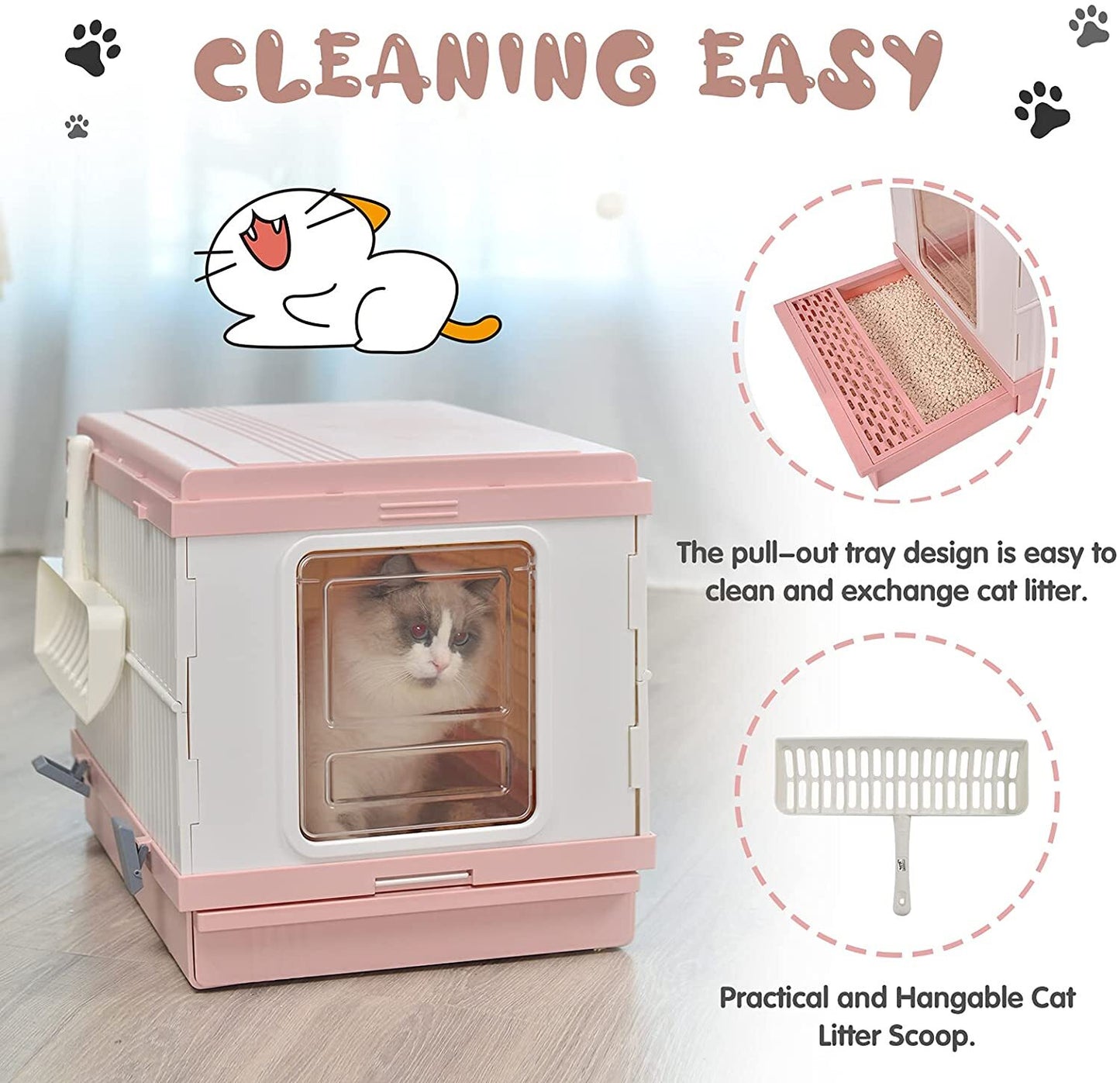YES4PETS XL Portable Cat Toilet Litter Box Tray Foldable House with Handle and Scoop Pink V278-AT1001-LITTER-TRAY-PINK