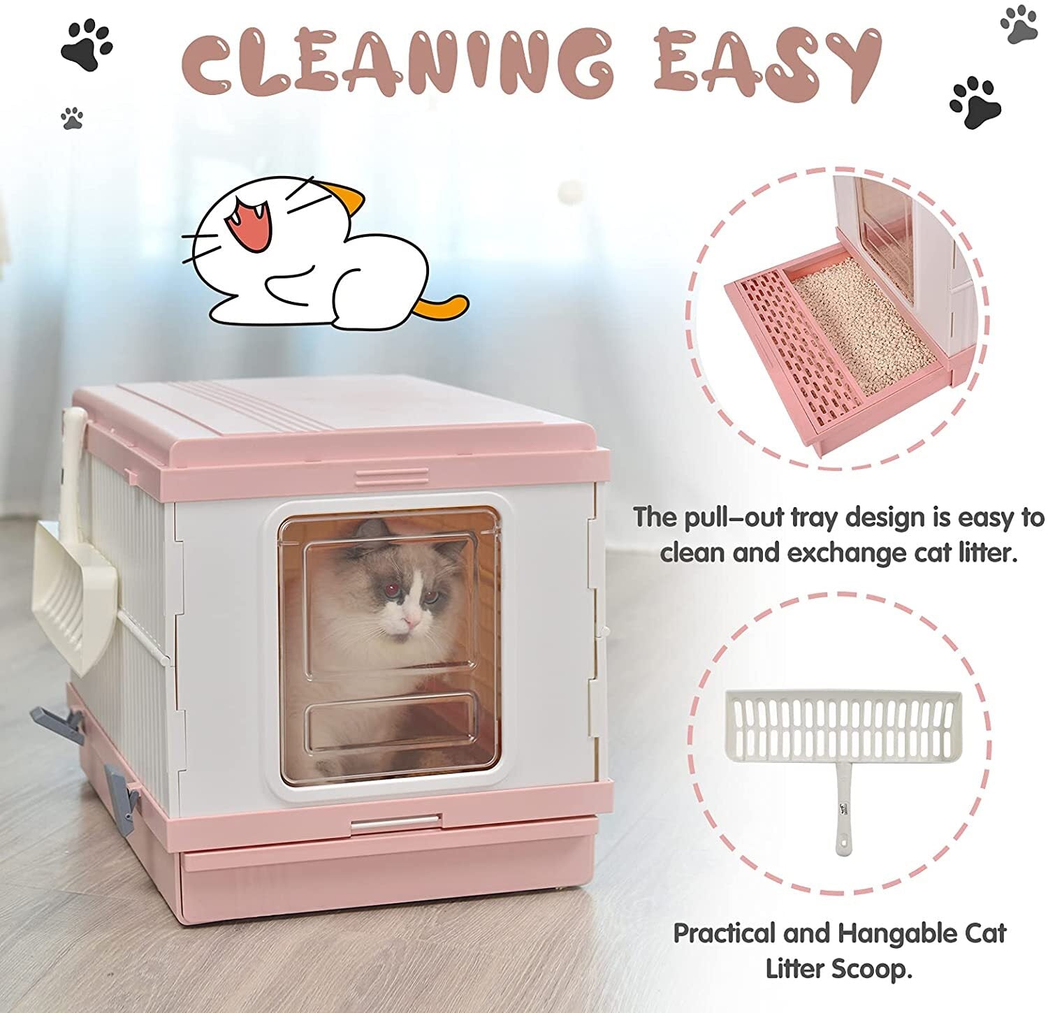 YES4PETS XL Portable Cat Toilet Litter Box Tray Foldable House with Handle and Scoop Pink V278-AT1001-LITTER-TRAY-PINK