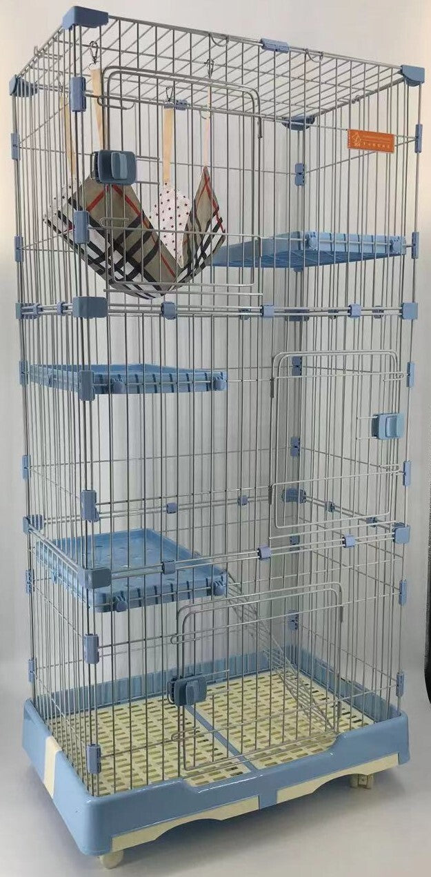 146 cm Blue Pet 4 Level Cat Cage House With Litter Tray & Wheel 72x47x146 cm V278-CSN-1-3-M-3-BLUE