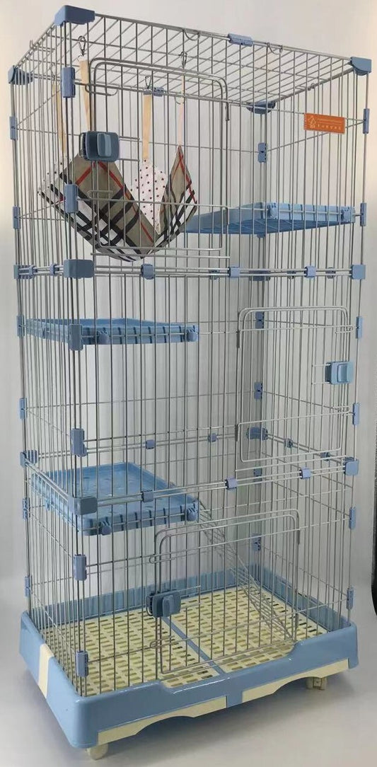 146 cm Blue Pet 4 Level Cat Cage House With Litter Tray & Wheel 72x47x146 cm V278-CSN-1-3-M-3-BLUE