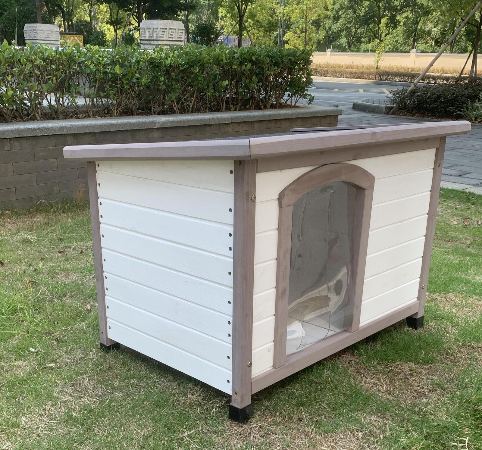 YES4PETS M Timber Pet Dog Kennel House Puppy Wooden Timber Cabin With Stripe White V278-DK-8558-WHITE