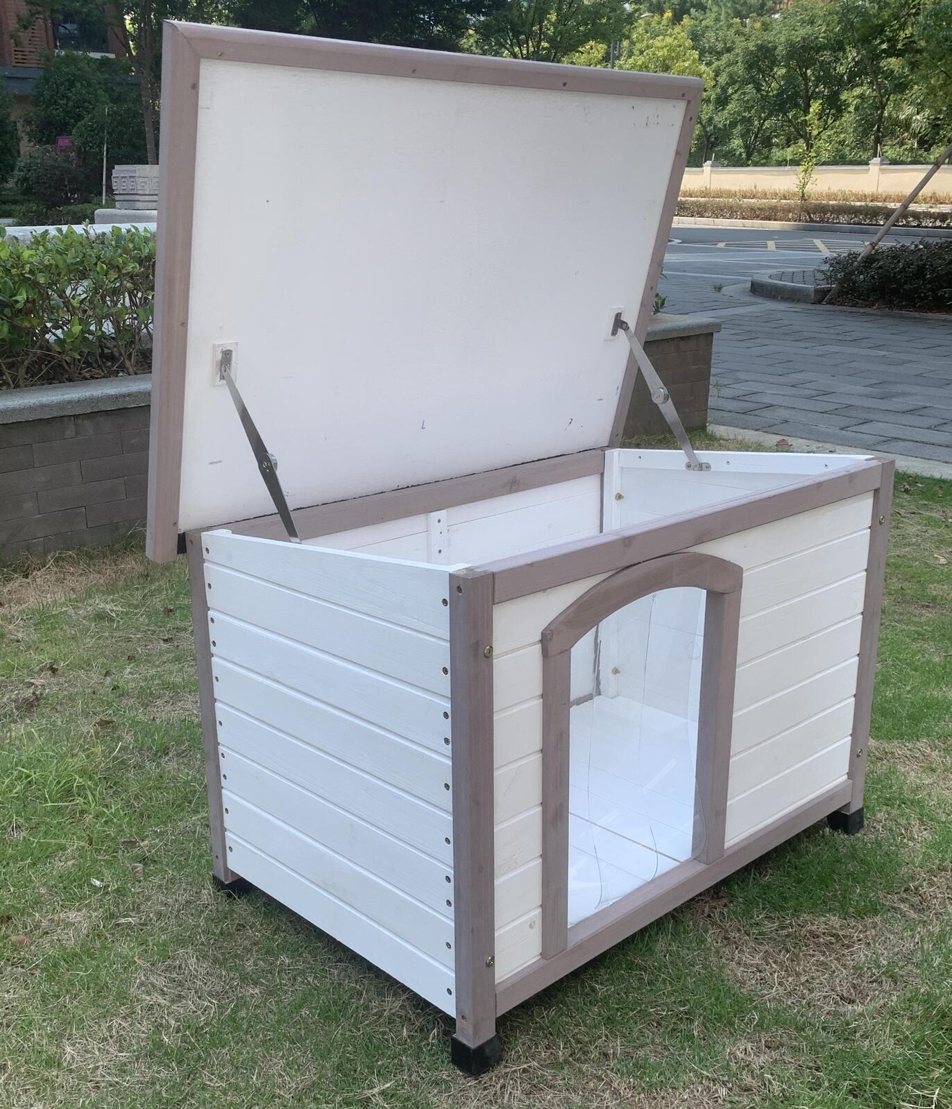 YES4PETS M Timber Pet Dog Kennel House Puppy Wooden Timber Cabin With Stripe White V278-DK-8558-WHITE
