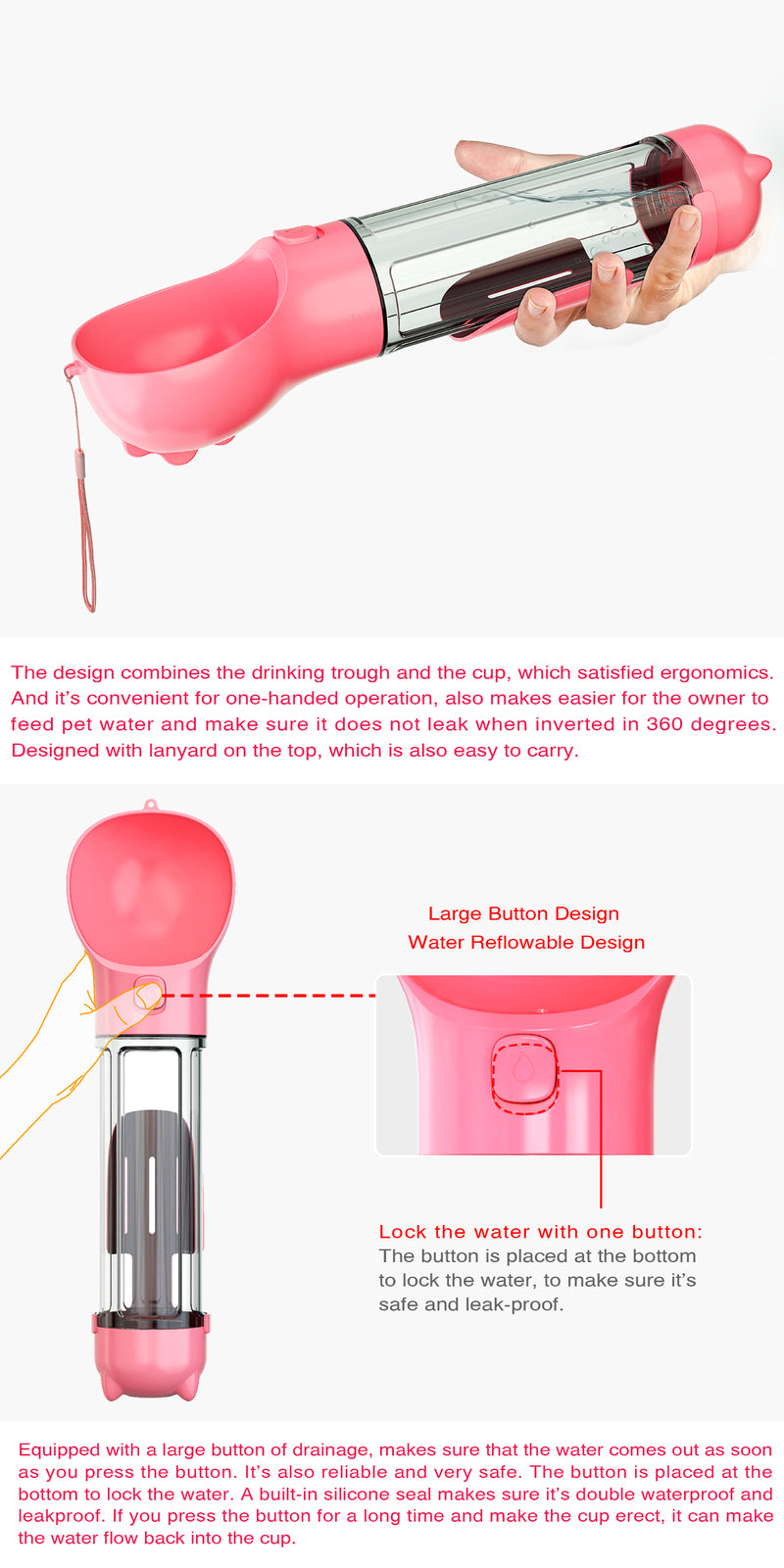 YES4PETS 4 in 1 Portable Pet Dog Puppy Cat Drinking Mug Water Feeder Bottle Valve Travel Bottle Pink V278-MULTI-WATER-BOTTLE-PINK