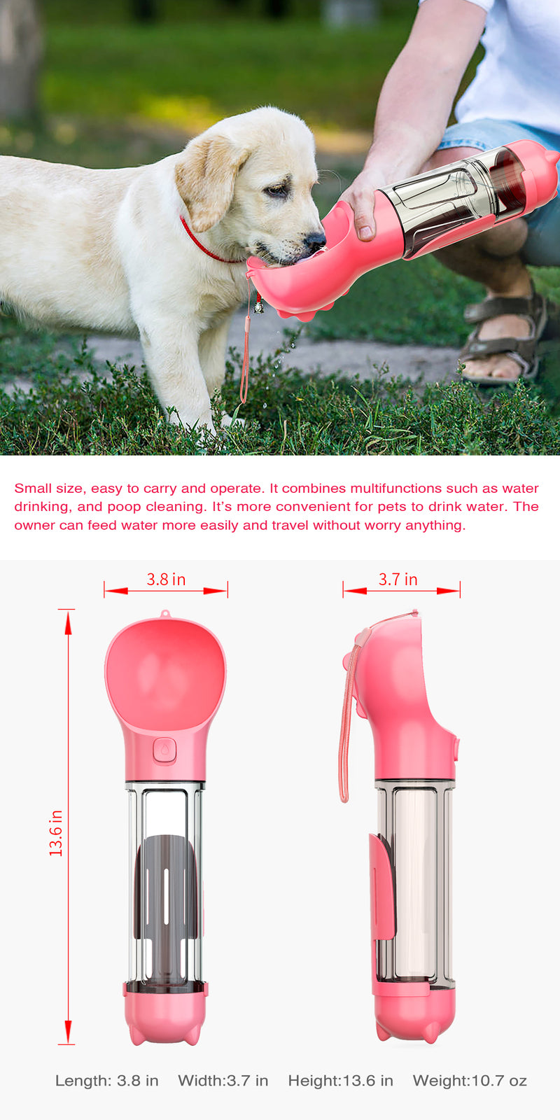 YES4PETS 4 in 1 Portable Pet Dog Puppy Cat Drinking Mug Water Feeder Bottle Valve Travel Bottle Pink V278-MULTI-WATER-BOTTLE-PINK