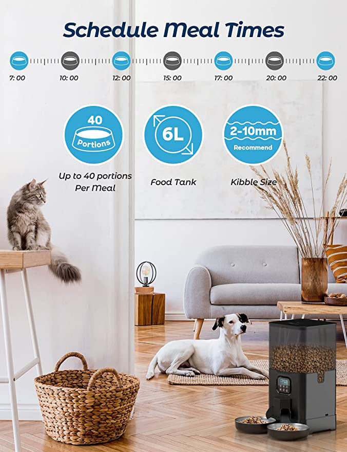 YES4PETS 6L Automatic Digital Pet Dog Cat Feeder Double Food Bowl Dispenser V278-PF-128D-FEEDER-6010-0014