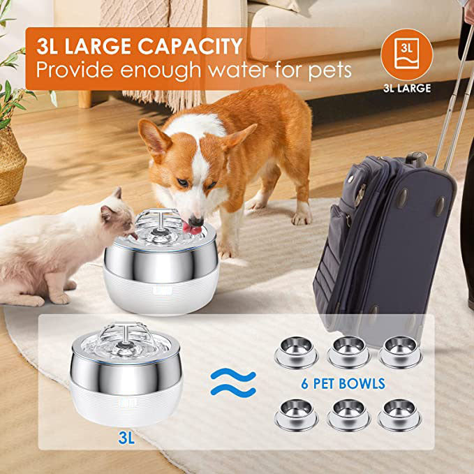 YES4PETS 3L Automatic Electric Pet Water Fountain Dog Cat Stainless Steel Feeder Bowl Dispenser Black V278-PWS-107-BLACK