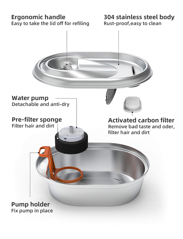 YES4PETS 2L Automatic Electric Pet Water Fountain Dog Cat Stainless Steel Feeder Bowl Dispenser V278-PWS-111-0015