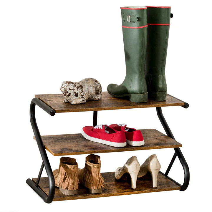 Matte Black Frame Rustic Wood 3-Tier Medium Shoe Rack Shelf Stand Storage Organizer V278-SHOE-RACK-3-TIER