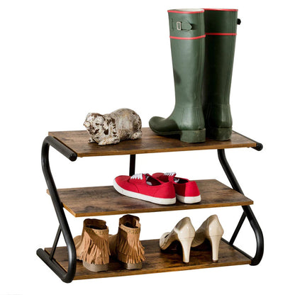 Matte Black Frame Rustic Wood 3-Tier Medium Shoe Rack Shelf Stand Storage Organizer V278-SHOE-RACK-3-TIER