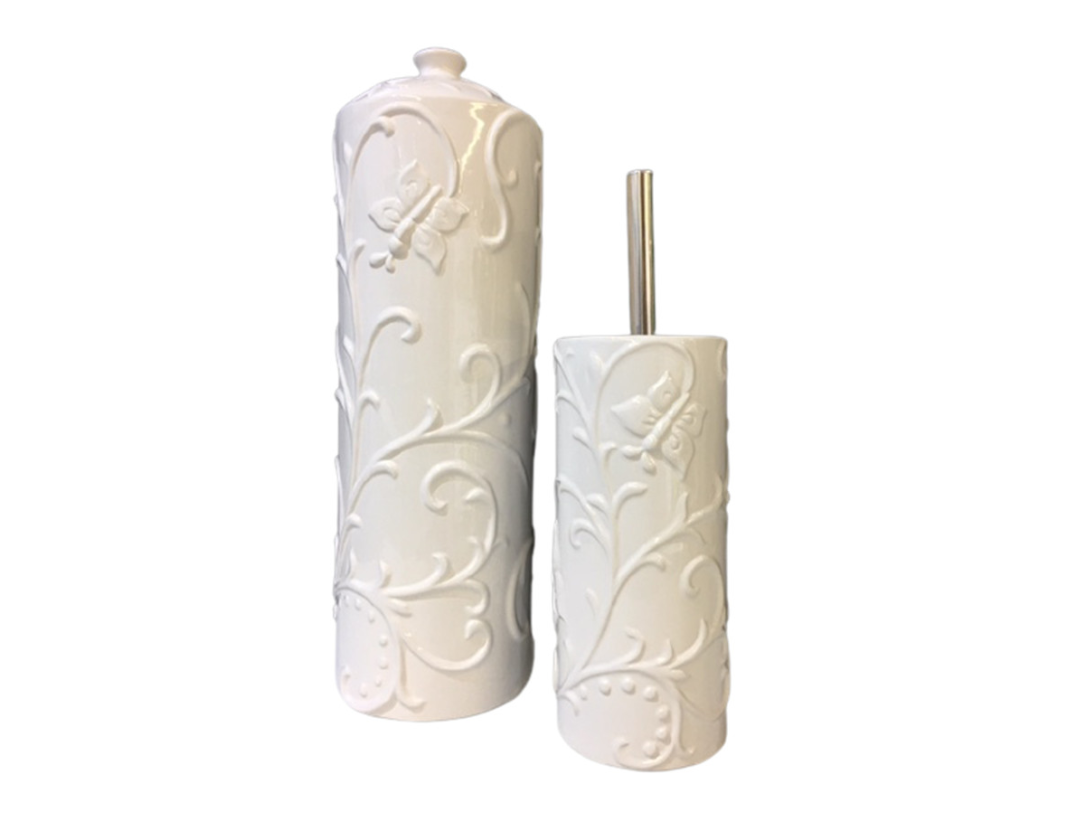 YES4HOMES Gloss White Ceramic Bathroom Accessories Set Toilet Brush Paper Roll Holder V278-UI3936-M-ROUND-BUTTERFLY