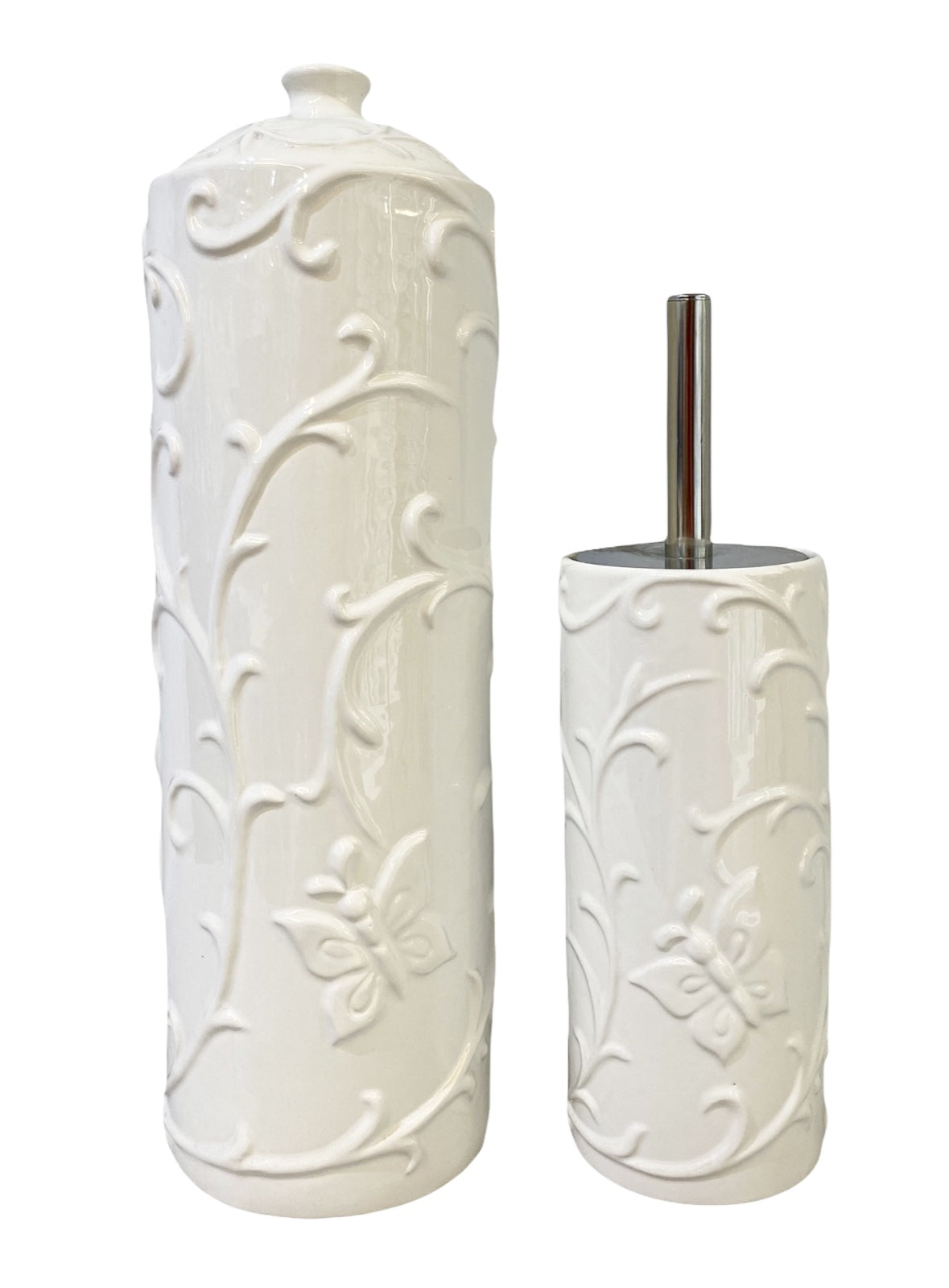 YES4HOMES Gloss White Ceramic Bathroom Accessories Set Toilet Brush Paper Roll Holder V278-UI3936-M-ROUND-BUTTERFLY