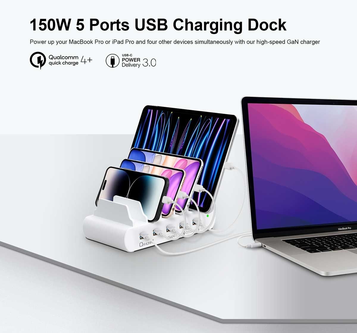 OXHORN NB-PD150D PD 150W 5-Port (5A+5C) Charging Dock with build-in rack V28-ACBOXHNBPD150D