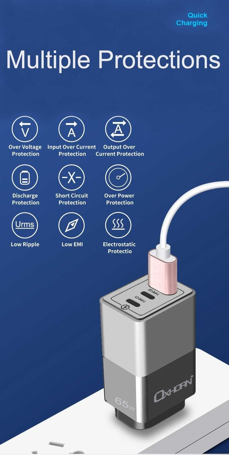OXHORN NB-PD65CCAB PD GaN Charger 65W 3 Ports Black V28-ACBOXHNBPD65CCAB