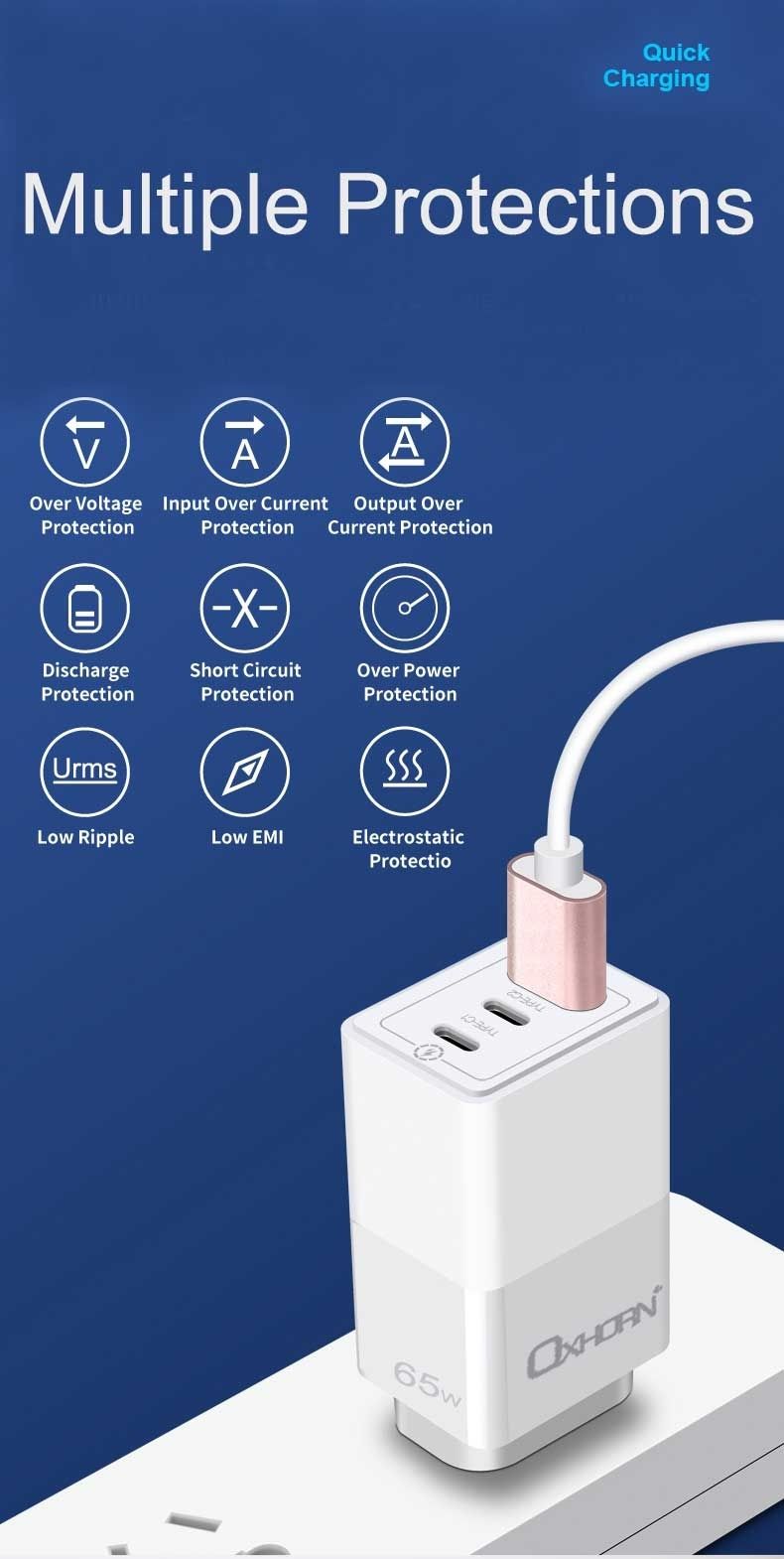 OXHORN NB-PD65CCAW PD GaN Charger 65W 3 Ports White V28-ACBOXHNBPD65CCAW