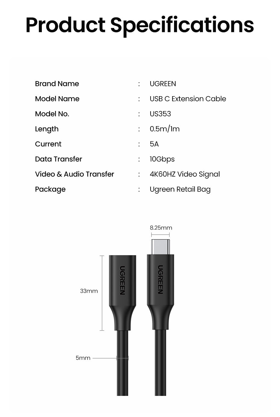UGREEN 10387 USB-C Extension Cable 1M V28-ACBUGN10387