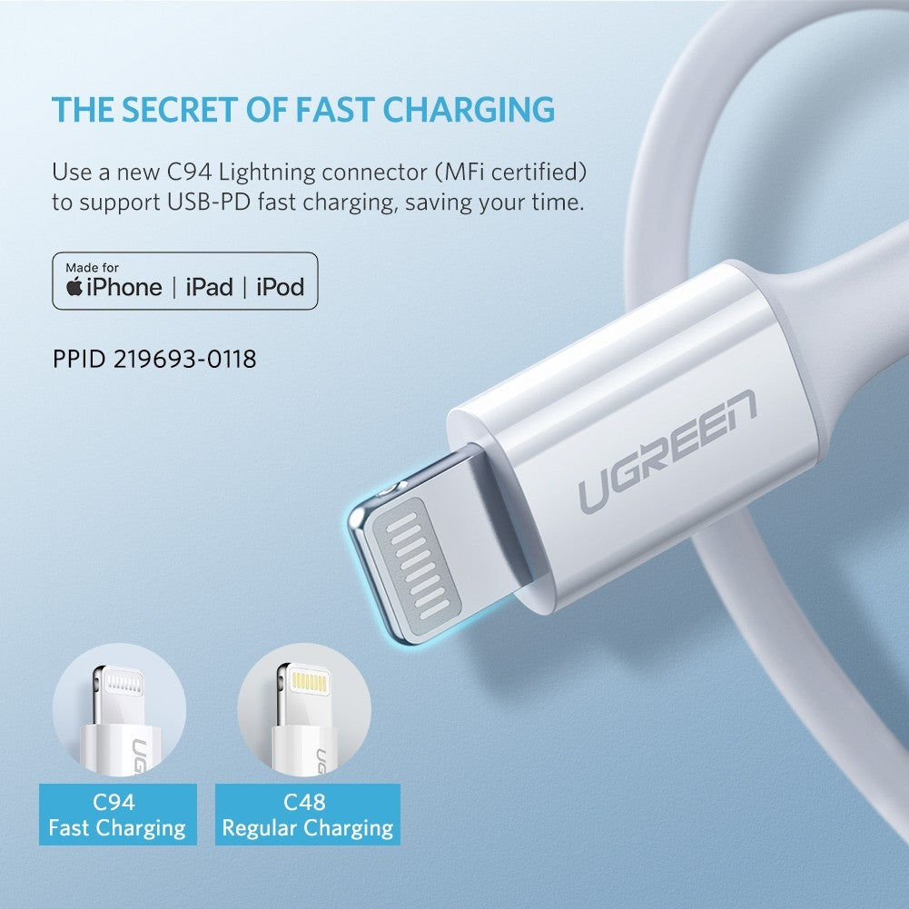 UGREEN 10493 Type-C to MFI iPhone M/M Cable Rubber Shell 1M White V28-ACBUGN10493