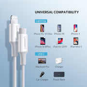 UGREEN 10493 Type-C to MFI iPhone M/M Cable Rubber Shell 1M White V28-ACBUGN10493