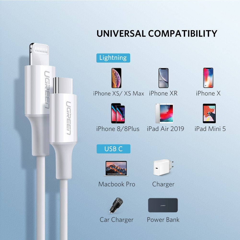 UGREEN 10493 Type-C to MFI iPhone M/M Cable Rubber Shell 1M White V28-ACBUGN10493
