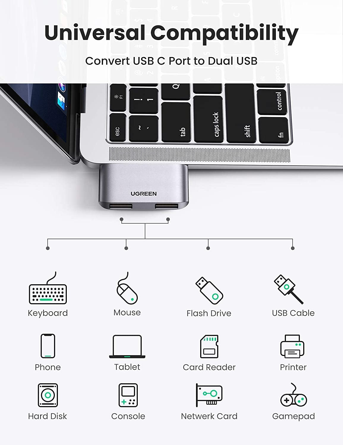 UGREEN 10912 USB-C to USB 3.0 x2 Adapter V28-ACBUGN10912