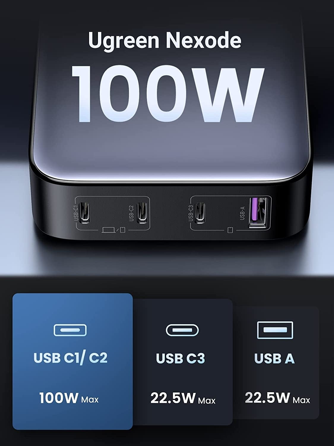 UGREEN 15613 100W USB-C Charger, Nexode 4-Port GaN II Charging Station V28-ACBUGN15613