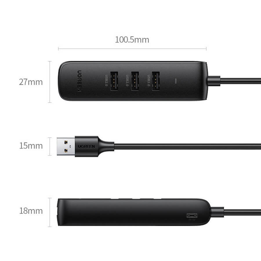UGREEN 20984 USB 2.0 to 3 x USB2.0 with RJ45 (100Mbps) Ethernet Adapter (Black) V28-ACBUGN20984