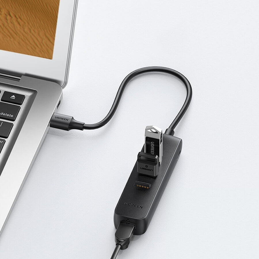 UGREEN 20984 USB 2.0 to 3 x USB2.0 with RJ45 (100Mbps) Ethernet Adapter (Black) V28-ACBUGN20984