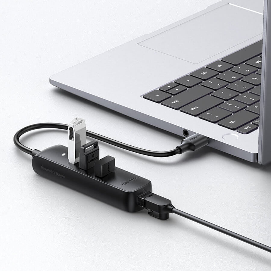 UGREEN 20984 USB 2.0 to 3 x USB2.0 with RJ45 (100Mbps) Ethernet Adapter (Black) V28-ACBUGN20984