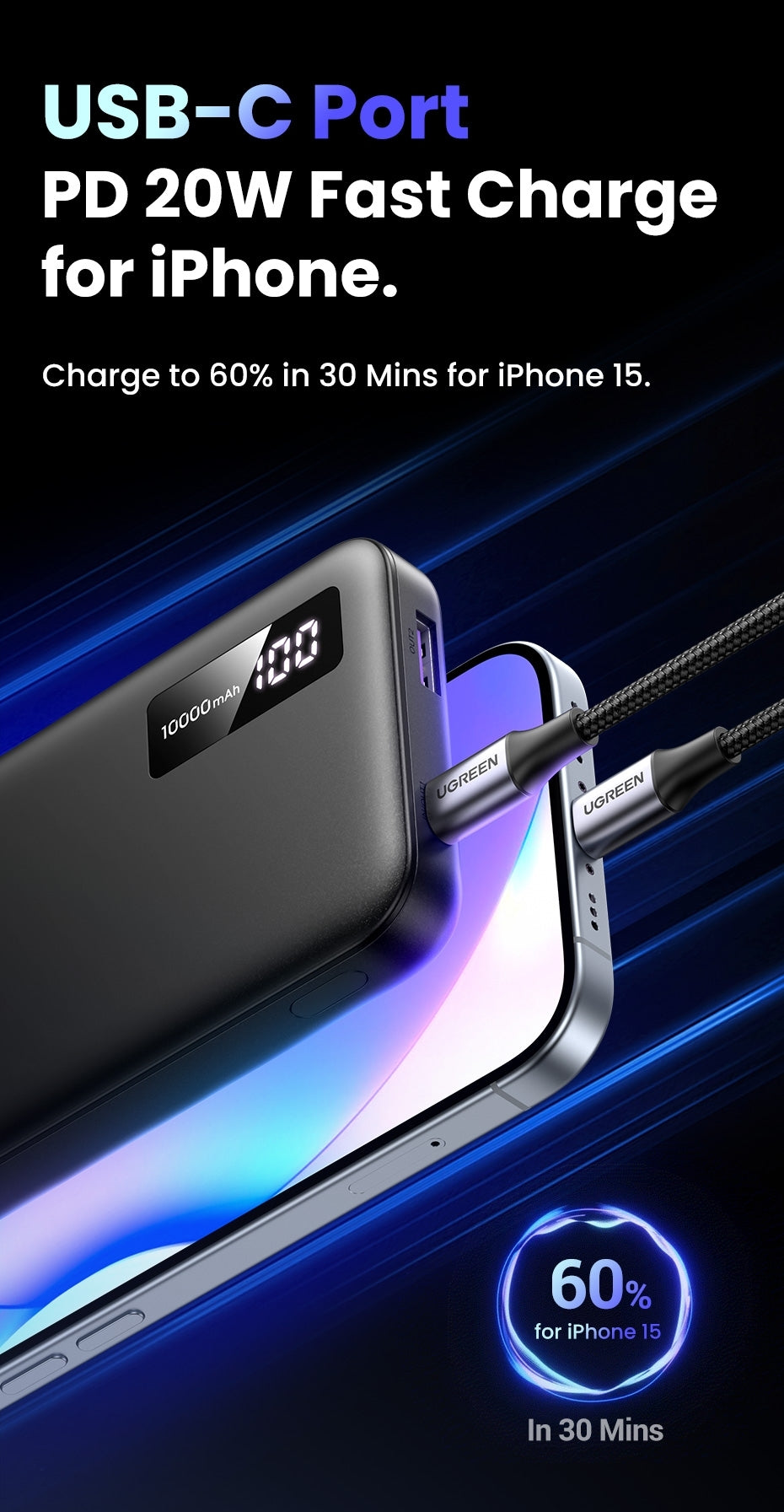 UGREEN 25742 10000mAh Two-way Fast Charging Power Bank Black V28-ACBUGN25742