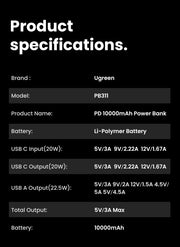 UGREEN 25742 10000mAh Two-way Fast Charging Power Bank Black V28-ACBUGN25742